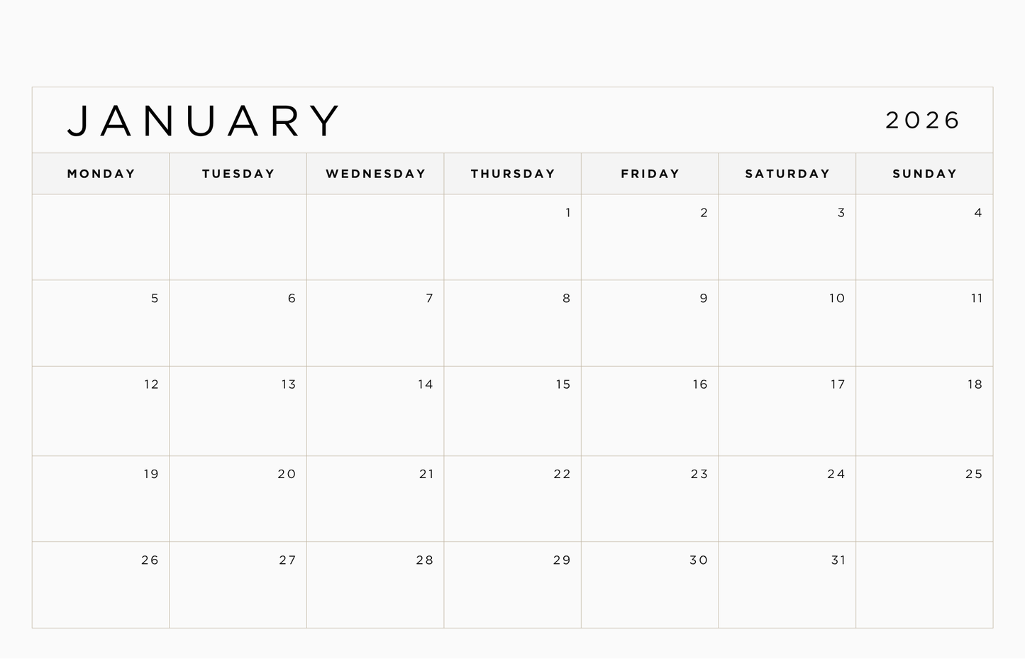 2026 Minimalist Calendar